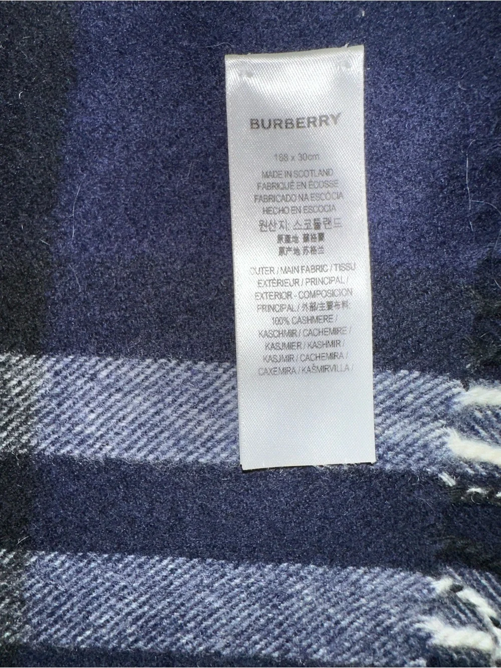 Authentic Men’s Burberry Navy and Black 100% Cashmere Plaid Scarf